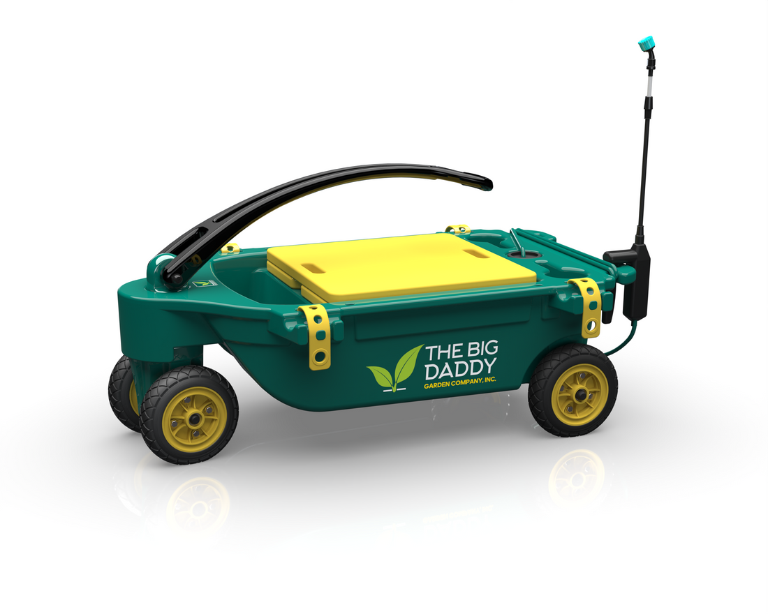 four wheeled garden cart against a white backgorund