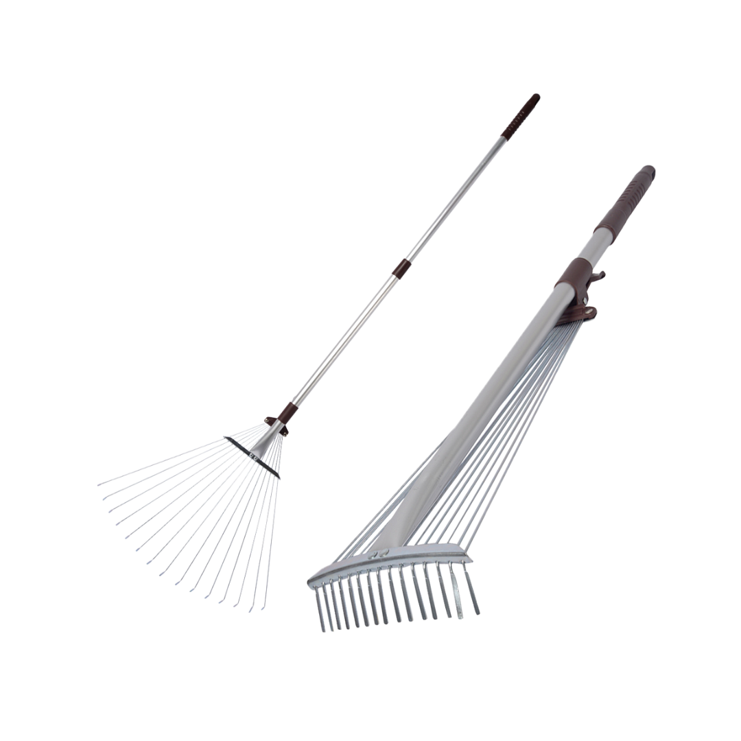 Garden rake with extendable handle on a white background