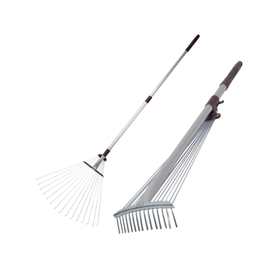 Garden rake with extendable handle on a white background